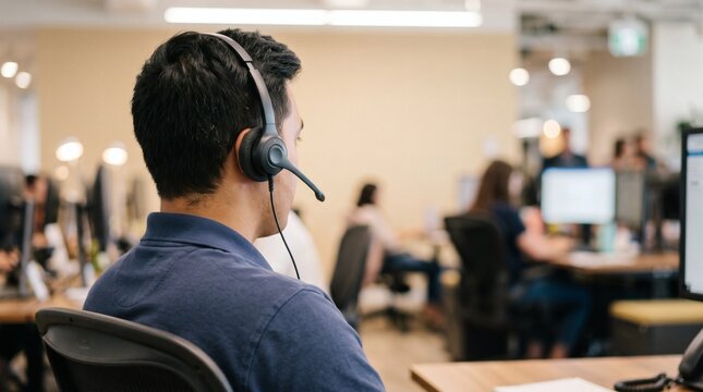 Back View of Man Wearing Headset Working at Desk in Call Center, Customer Support and Office Collaboration Concept