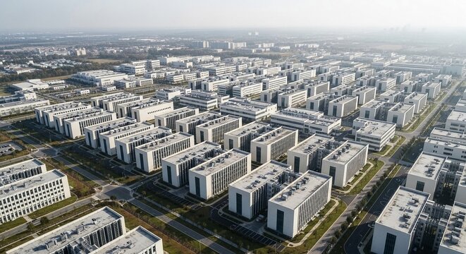 Sprawling modern hyperscale data center campus, showcasing extensive technology infrastructure and global connectivity