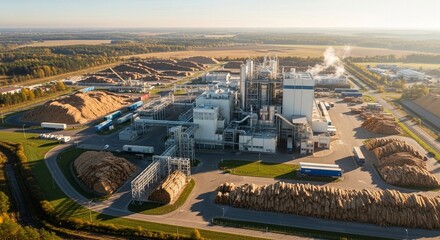 Fototapeta premium Vast biomass power plant complex generating energy from industrial operations and emitting steam into the clear sky