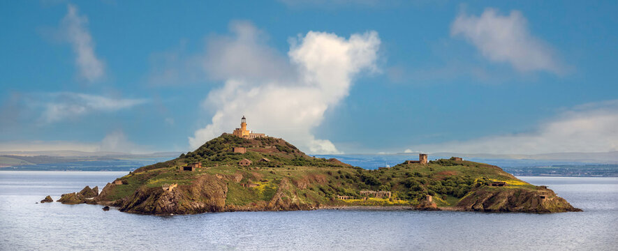 Scenic view of Cramond Island in the Firth of Forth off the foreshore at Cramond near Edinburgh, east Scotland
