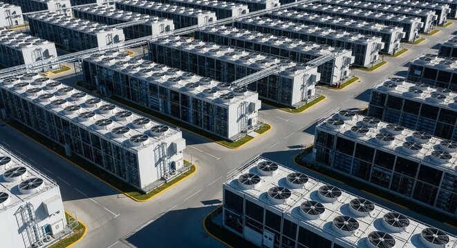 Vast hyperscale data center complex with rows of cooling units and server infrastructure viewed from above