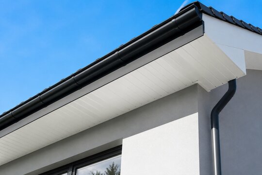 Clean white soffit board under eaves contrasting with dark rain gutter.