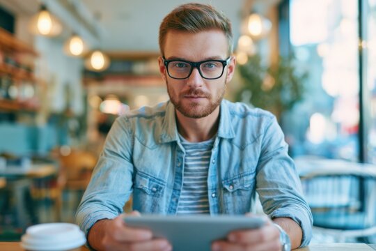 Young Professional Working on Tablet at Cafe