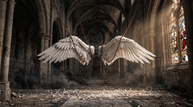 Angel Wings in Abandoned Gothic Cathedral with Stained Glass and Mist