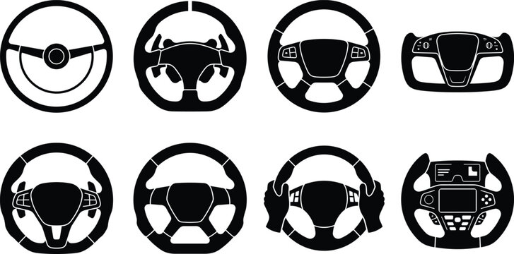 Steering wheel silhouette icon set featuring classic modern and racing car control design elements