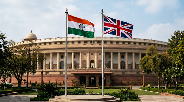 Indian and british flags flying in front of a historic building . Ai Generated