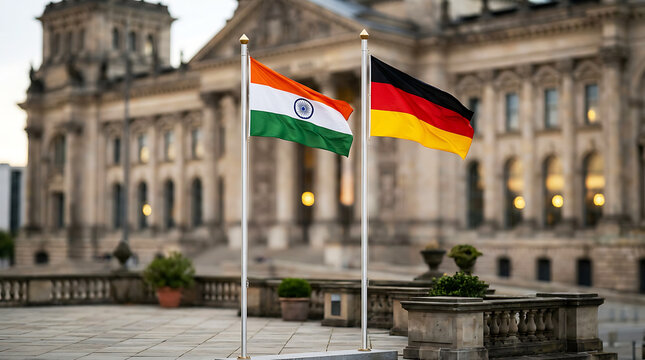 Indian and german flags waving in front of historic government building at dusk . Ai Generated