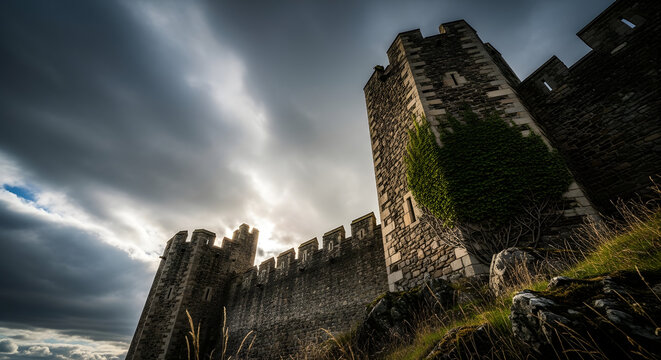 Ancient stone castle under dramatic cloudy sky architectural details