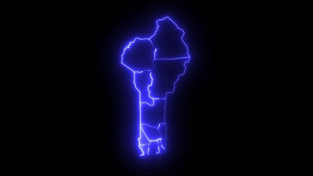 map of Benin with a blue glowing neon effect on black background.