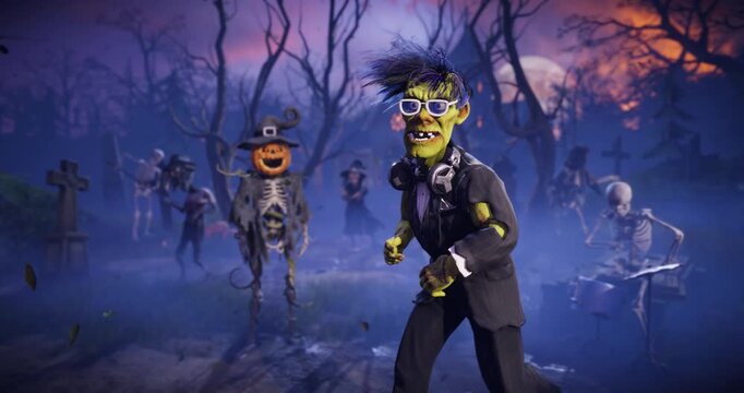 Funny 3D animation of Frankenstein monster dancing with skeletons, zombies and pumpkins in spooky night cemetery. Humorous Halloween character in scary foggy graveyard.