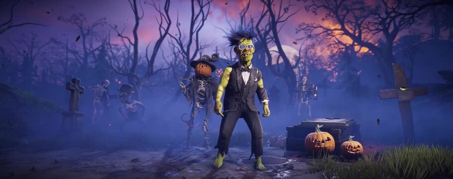 Funny 3D animation of Frankenstein monster dancing with skeletons, zombies and pumpkins in spooky night cemetery. Humorous Halloween character in scary foggy graveyard.