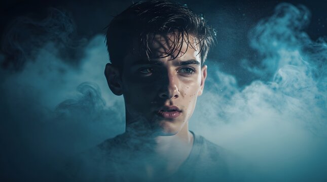 Portrait of a young man emerging from thick blue smoke in a dark environment.