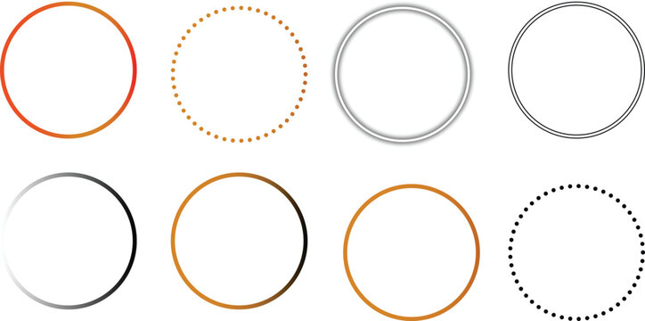 Geometric circle frames set, 8 vector round border elements with dotted and solid lines, metallic gold and silver circular outlines for logo design and elegant branding