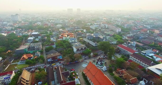 Aerial view of Wat Chedi Luang, a historic Buddhist temple known for its massive brick pagoda. The serene traditional Thai design make it a top travel destination and spiritual landmark in Chiang Mai