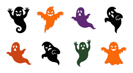 Obraz premium Set of funny ghost icons featuring various expressions for halloween party decoration and creative graphic work.