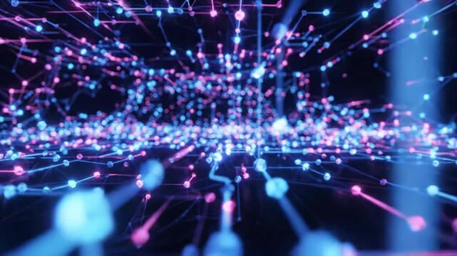 Abstract Digital Network Connection with Glowing Lines and Dots on Dark Background 4K Motion Graphic