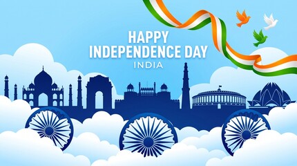 Obraz premium Happy Independence Day India 15th august. Indian monument and Landmark with background , poster, card, banner. vector illustration design