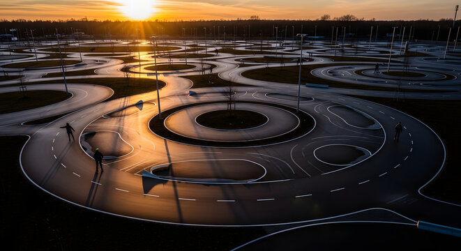 Aerial view of a driving track with circular and curved roads under sunset