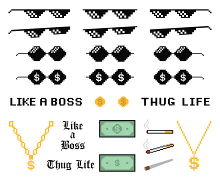 Pixelated thug life boss sunglasses money and cigar meme set