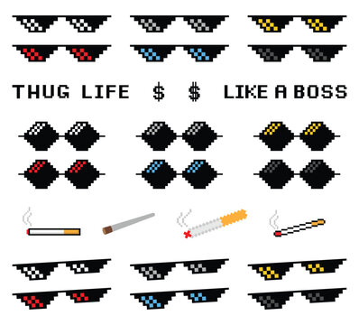 Pixelated thug life sunglasses and cigar like a boss meme icons