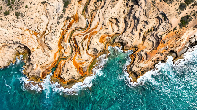 Swirling sandstone cliffs meeting vibrant turquoise ocean waves
