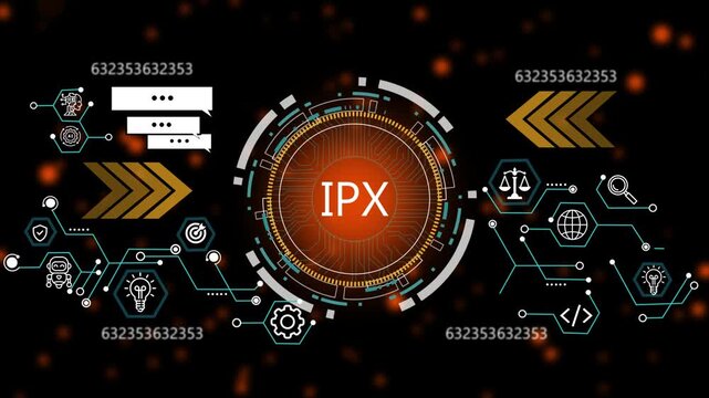  Glowing project management button in German on a futuristic, abstract wave IPX on black background. Smart city, digital world, Global communication network concept. 