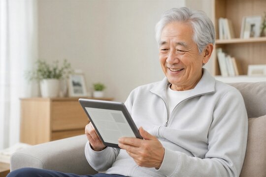 リビングでタブレットを使って電子書籍を読む日本人シニア男性
