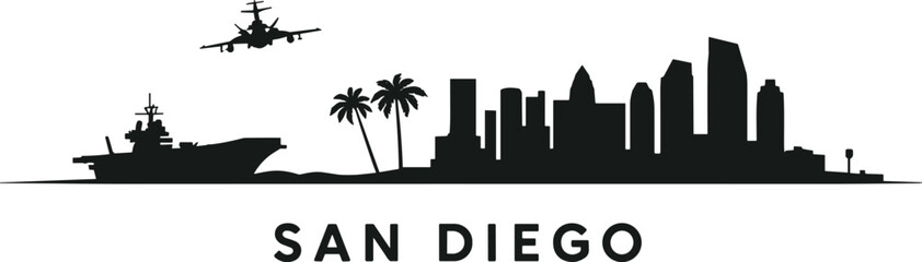 Fototapeta premium San Diego skyline silhouette with aircraft carrier and fighter jet on white background Keywords: San Diego, skyline, silhouette