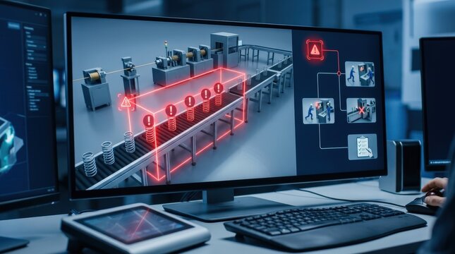 Medium shot of a virtual replica system highlighting alert notifications for deviations in spring line manufacturing emphasizing rapid response measures and operational safety.