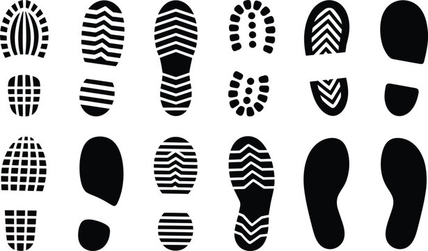 Shoe sole tread silhouette collection, footwear outsole pattern vector illustration set featuring sneaker boot and casual shoe prints isolated background