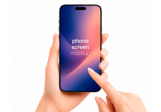 Front View Mockup Smartphone Female Hands Touch Screen White Background