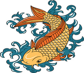 Artistic Japanese Koi Fish Vector Illustration - Traditional Oriental Carp Swimming in Blue Stylized Water Waves - Elegant Irezumi Tattoo Style Design for Graphic Projects and Print © Sadek