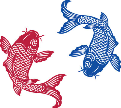 Elegant Pair of Stylized Koi Carp Fish in Red and Blue Colors, Traditional Japanese Style Vector Illustration for Luck, Prosperity, and Harmony in Design, Yin Yang Concept Art