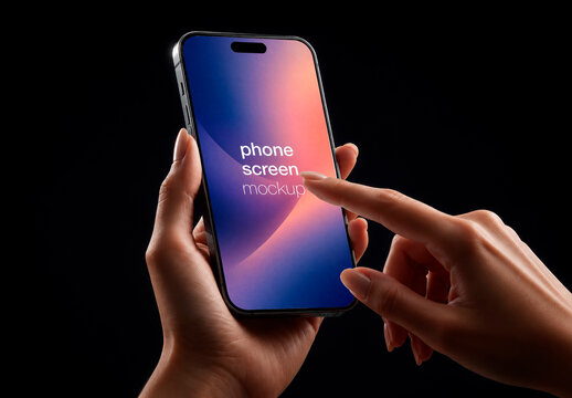 Slanted View Mockup Smartphone Female Hands Touch Screen Dark Background