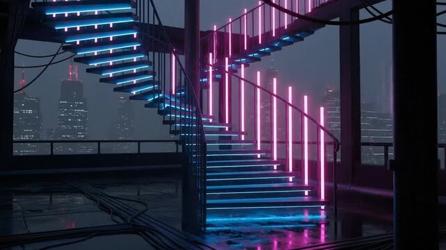 Neon Staircase in a Futuristic Cityscape - A Cyberpunk Dream.