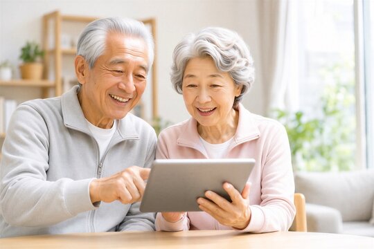 タブレットの使い方を一緒に確認する日本人シニア夫婦
