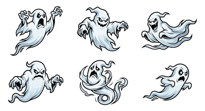 Set of aggressive scary ghost spirits with sharp claws and angry expressions for halloween design projects.