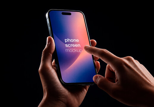 Slanted View Mockup Smartphone Male Hands Touch Screen Dark Background