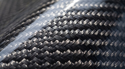 Obraz premium Close-up of woven carbon fiber texture. High-tech composite material with industrial strength and lightweight design.