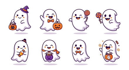 Naklejka premium Set of friendly little ghosts trick or treating with candy buckets and lollipops for halloween celebrations.