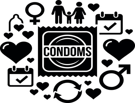 Sexual Health and Contraception Icons Featuring Condoms, Family Planning, Gender Symbols, and Hearts in a Black and White Vector Illustration for Reproductive Wellness Awareness.