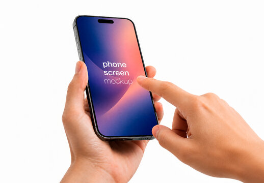 Slanted View Mockup Smartphone Male Hands Touch Screen White Background