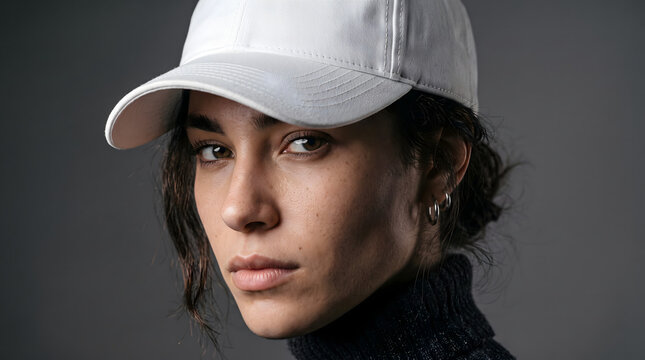 Young woman wearing white baseball cap looking at camera