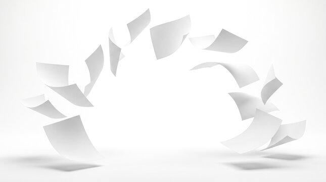 Flying Blank White Paper Sheets Floating in An Arc Motion on White Background
