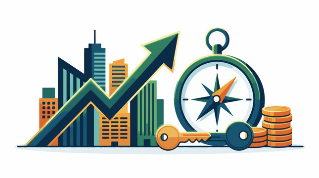 Growth arrow over city skyline with compass keys and coins