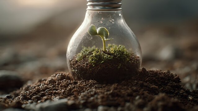 A small green plant sprout growing inside a glass light bulb on soil.