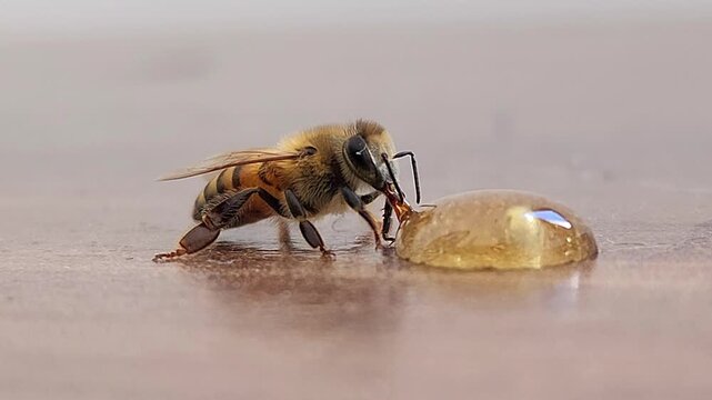 Macro of a honey bee drinking a drop of sweet amber honey