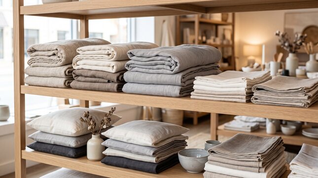 Neutral linen textile shelves, Folded throws and table linens, Soft home d&eacute;cor boutique display, Minimal fabric retail styling, Premium close up photo