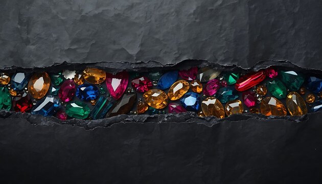 Torn black paper revealing a vibrant collection of colorful gemstones and sparkling jewels.