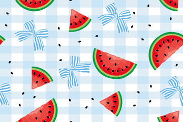 Obraz premium Cute summer watermelon seamless pattern with blue striped bows, gingham background and fresh fruit picnic design